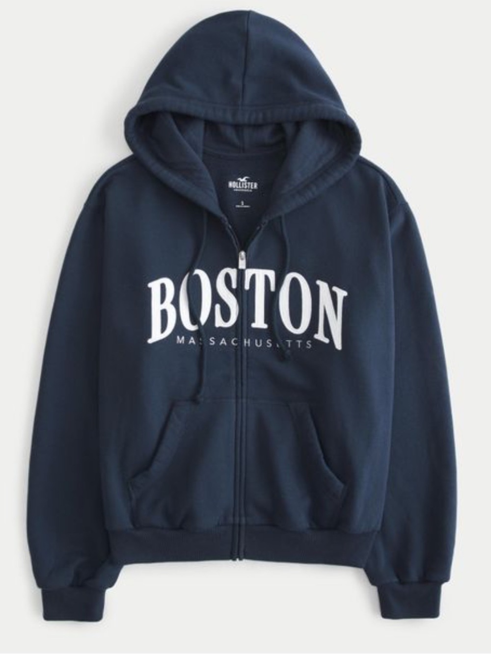 Hollister Boston Zip-Up Hoodie in navy with Cream Lettering